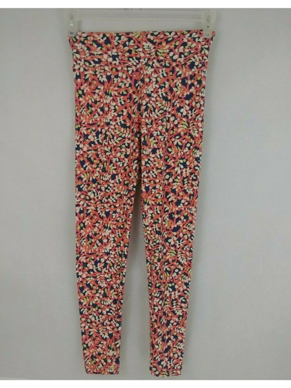 Lularoe Leggings One Size Dark Blue W/ Orange, Olive Green,& White Floral Design